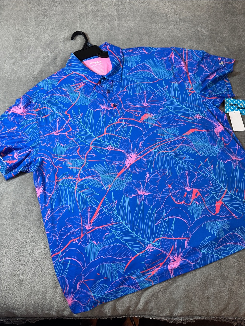 NWT Men's BIRDIEBOUND Blue Golf Polo w/Pink Tropical Floral Print Sz 3XL ⛳️